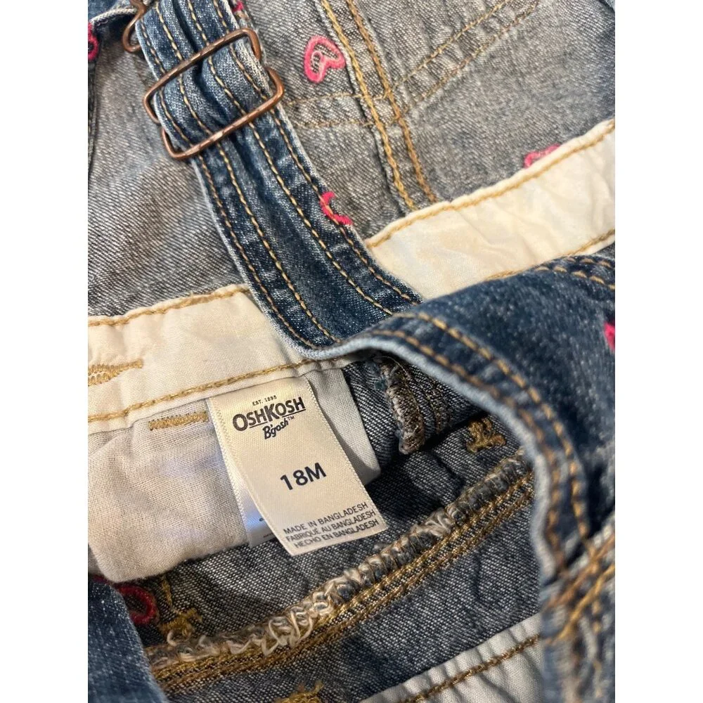OshKosh Bgosh Baby Girls 18M Denim Overalls With Pink Heart Embroidery